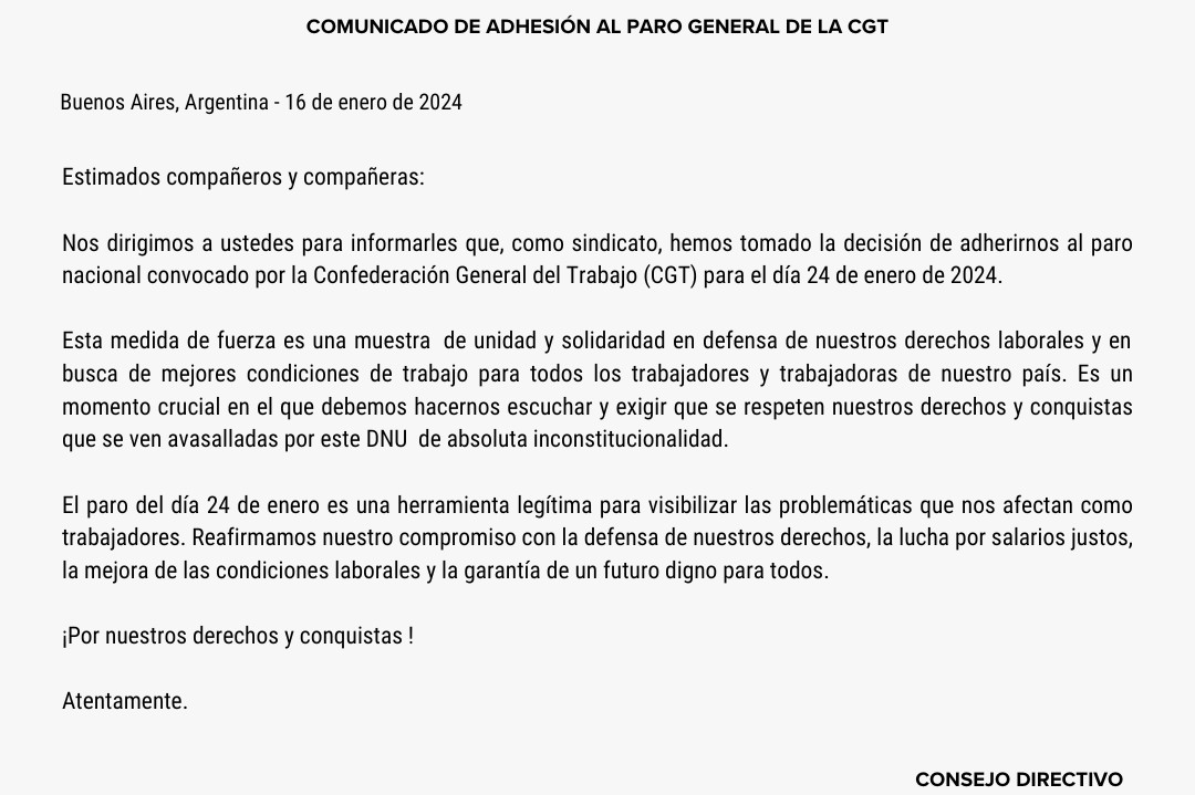 Comunicado de adhesión al paro de la CGT 